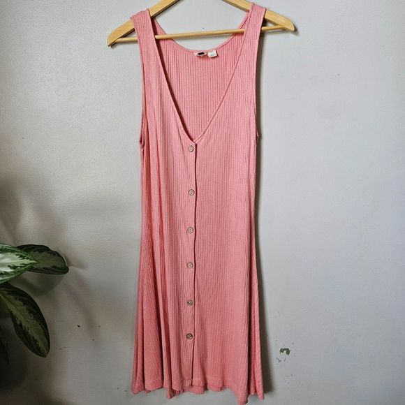 EUC WORN ONCE ROXY RIBBED PEACH DEEP V NECK BUTTONED SLEEVELESS DRESS XL - Picture 1 of 14